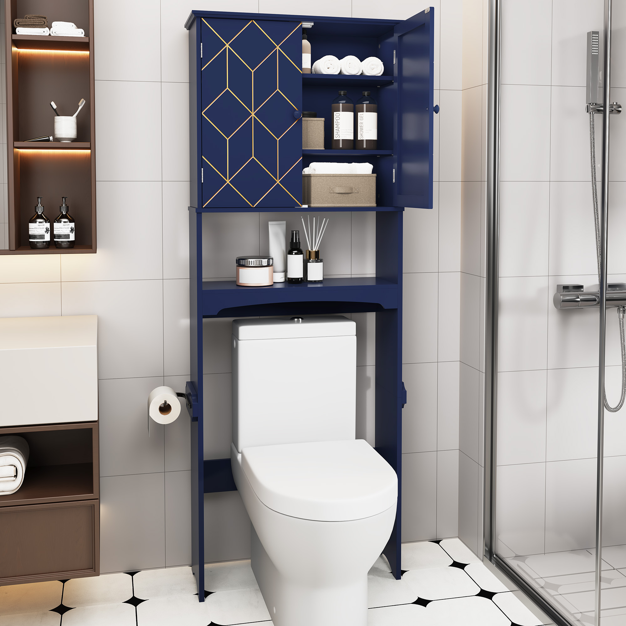 Bathroom Space Saver Over Toilet Storage Cabinet, Modern Organizer With Gold Trim, Adjustable Shelves & Toilet Paper Holder, Tall Freestanding Rack For Small Bathroom_voghion.com